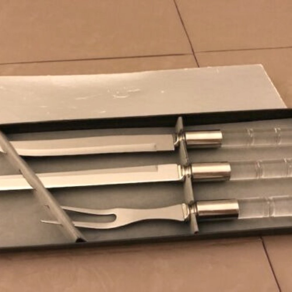 Vintage Clear Acrylic Lucite 3 Piece Knife Cutlery Carving Set Mid Century New
